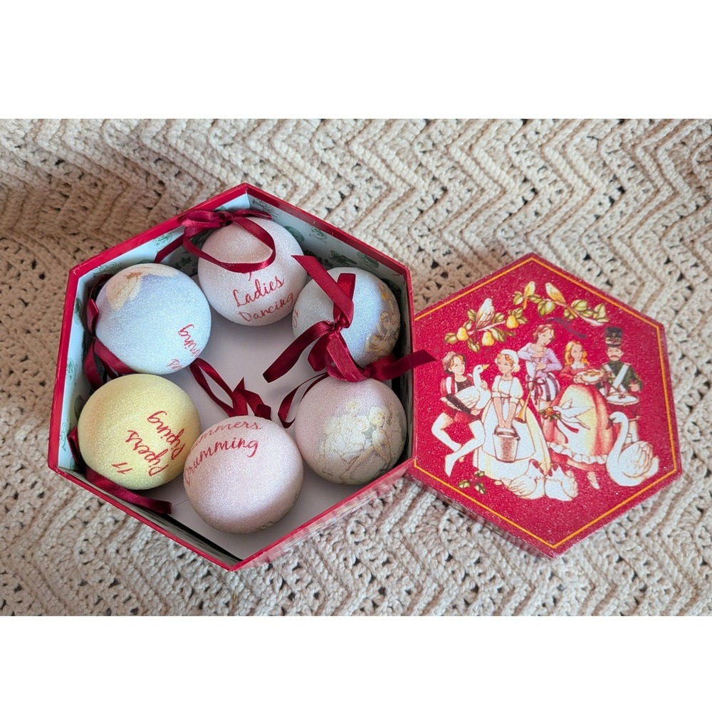 12 Days of Christmas Ornament Set Vintage Style Glitter Ball Ornaments with Box